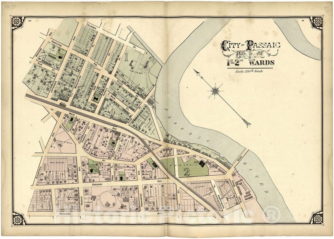 Historic 1877 Map - Atlas of Passaic County, New-Jersey - City of Passaic Part of The 1st and 2nd Wards - Atlas of Passaic County, New-Jersey : 2