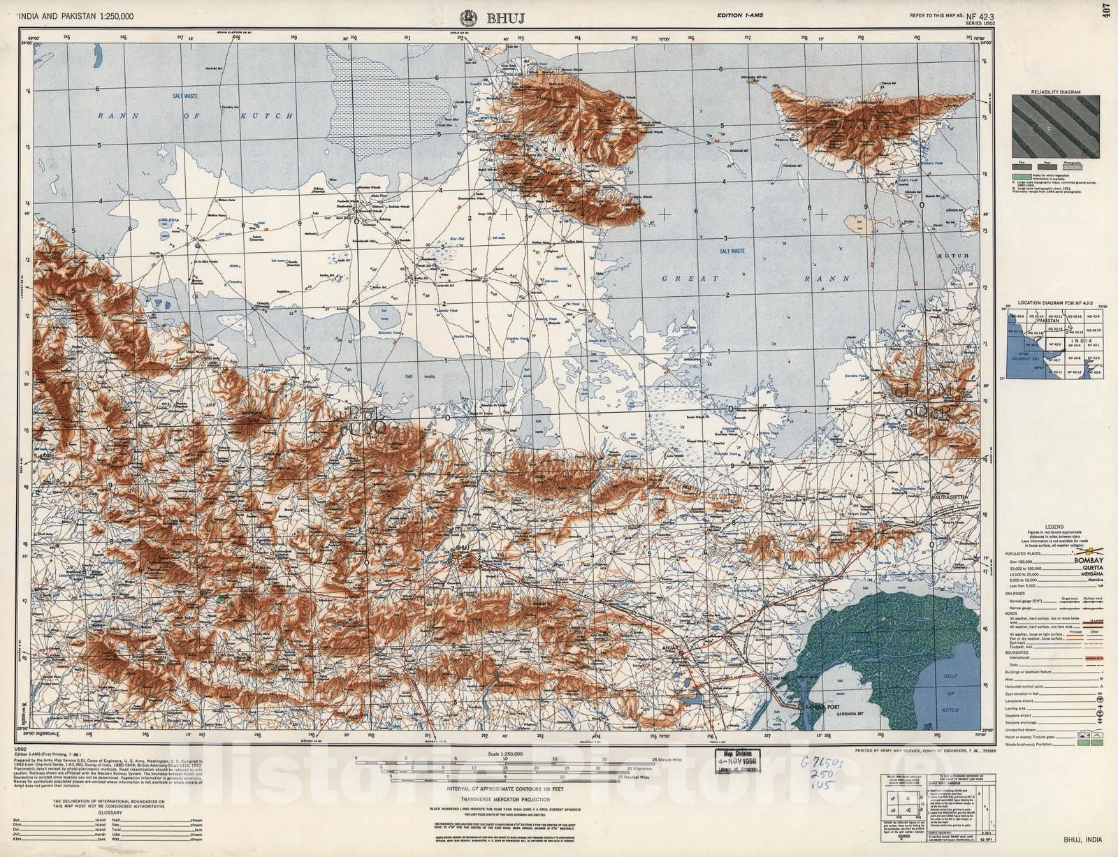 Historic 1955 Map - India and Pakistan 1:250,000. - Bhuj, 1956
