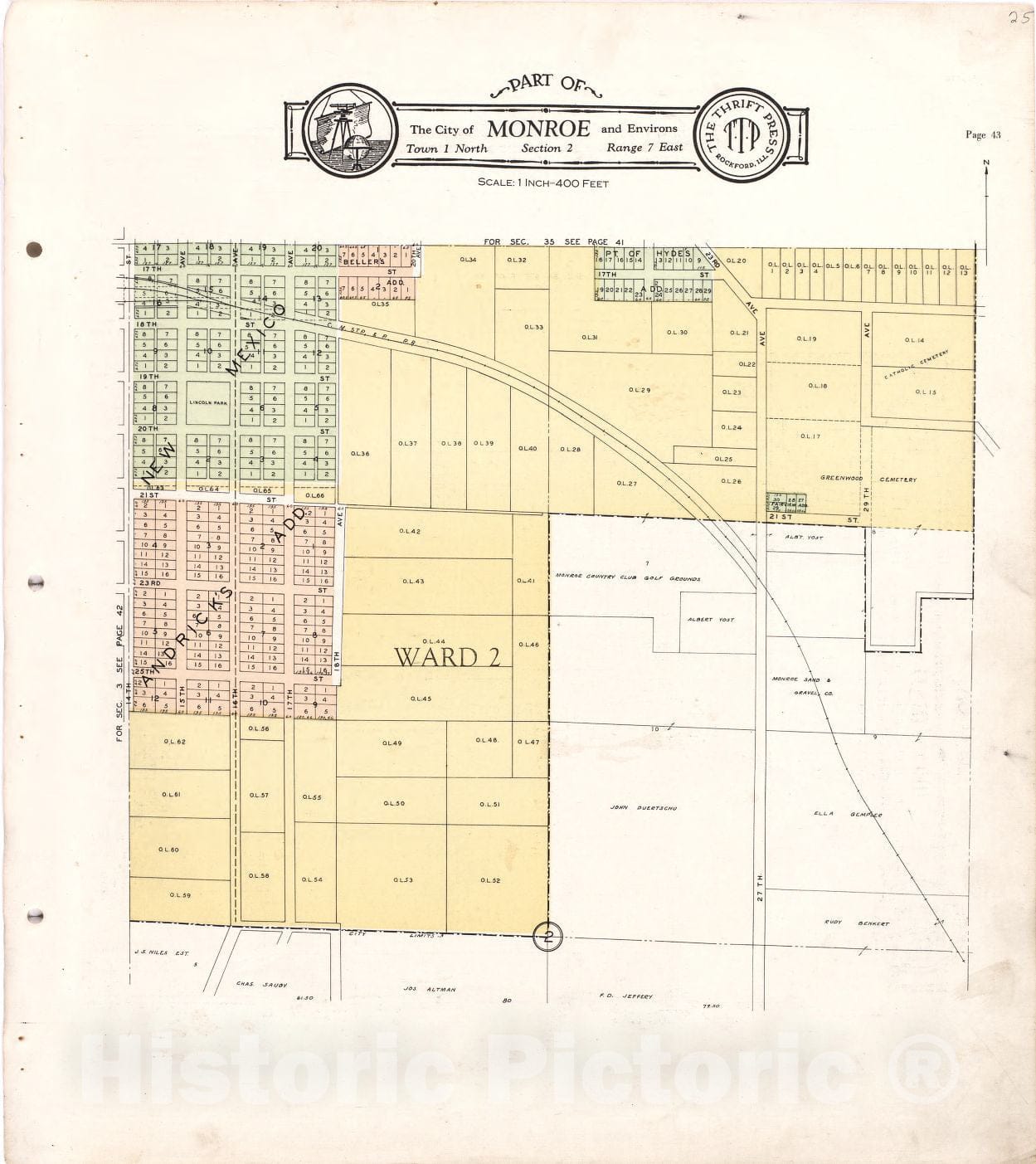 Historic 1931 Map - Atlas and plat Book of Green County, Wisconsin - Part of The City of Monroe and Environs, Towm 1 North Section 3 Range 7 East