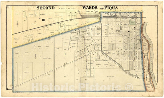 Historic 1871 Map - Atlas of Miami Co, Ohio - Second & Parts of 1st & 3rd Wards of Piqua - Atlas of Miami County, Ohio