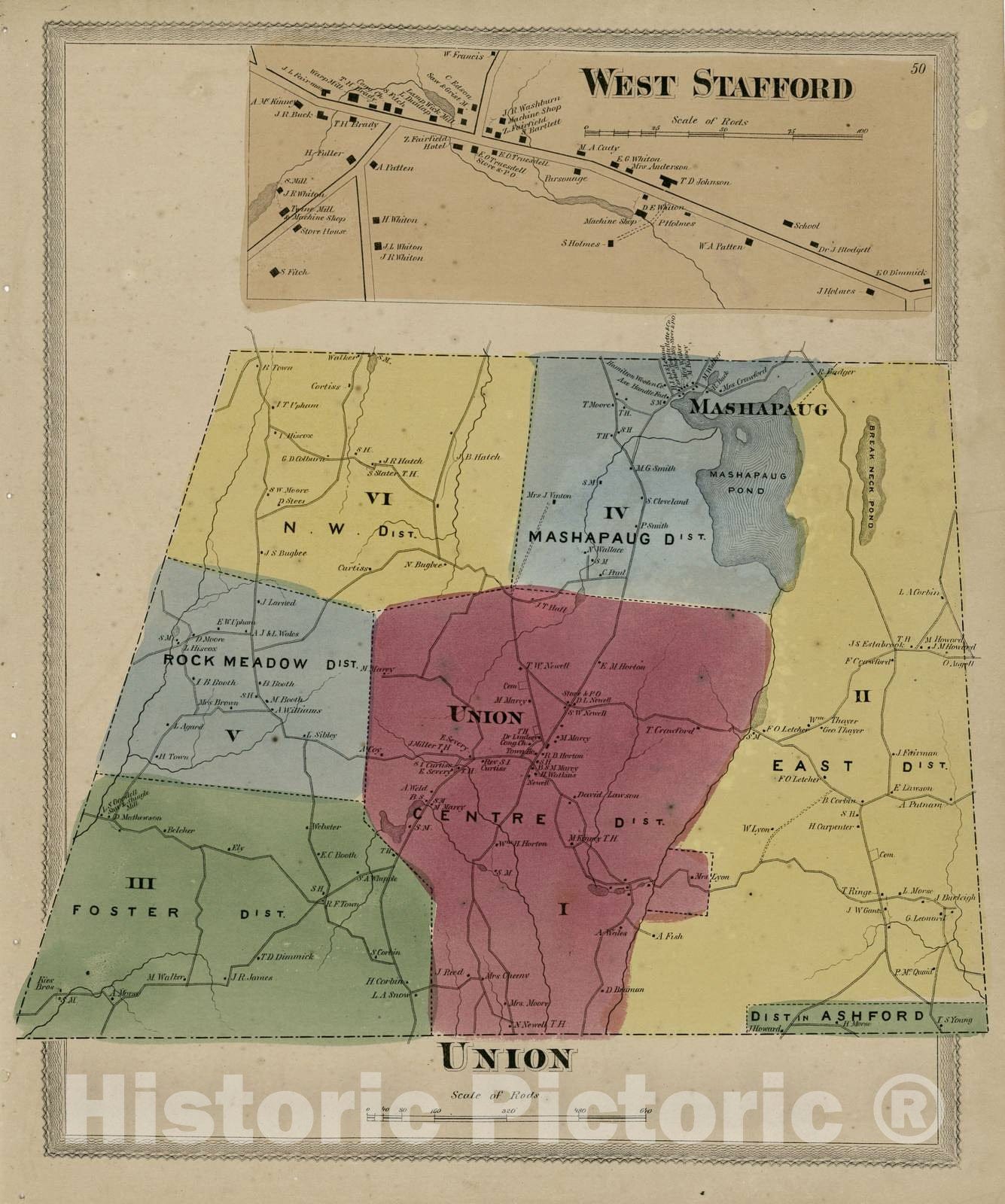 Historic 1869 Map - Atlas of Hartford and Tolland Counties - West Stafford; Union - Atlas of Hartford and Tolland Counties, Conn.