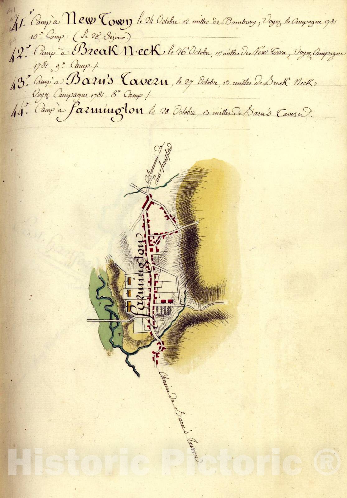 Historic 1782 Map - AmÃ©rique campagne. - Camp a New Town Camp a Break Neck Camp a Barn's Tavern Camp a Farmington