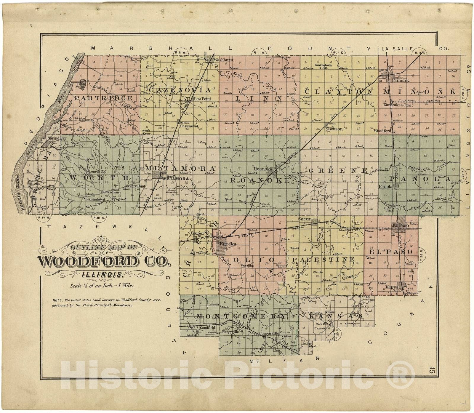 Historic 1893 Map - Plat Book of Woodford County, Illinois - Outline Map of Woodford Co, Illinois