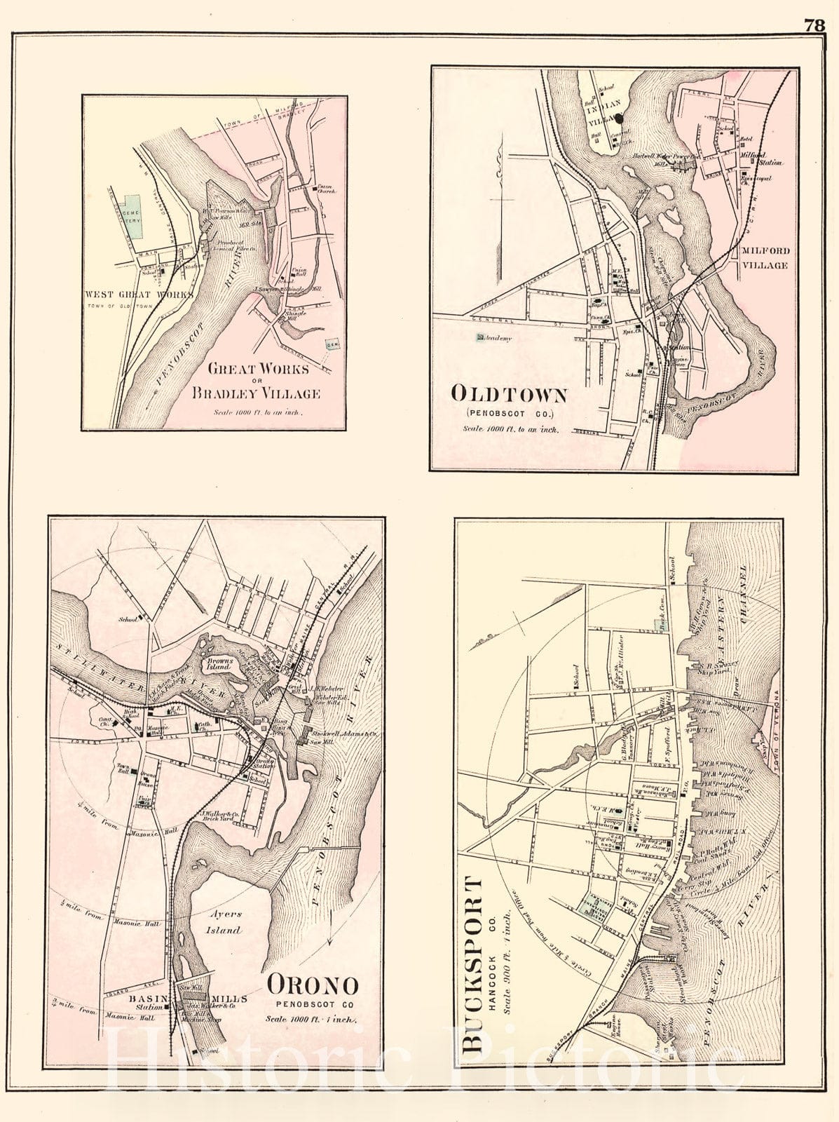 Historic 1887 Map - Colby's Atlas of The State of Maine - Great Works or Bradley Village; Oldtown; Orono; Bucksport