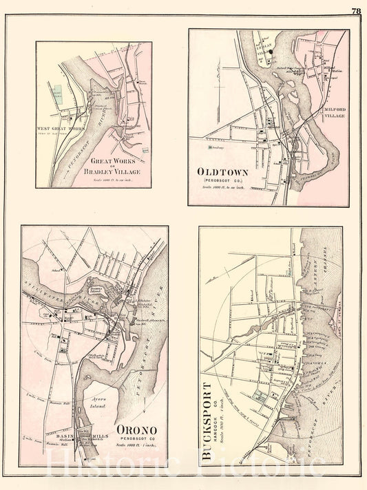 Historic 1887 Map - Colby's Atlas of The State of Maine - Great Works or Bradley Village; Oldtown; Orono; Bucksport