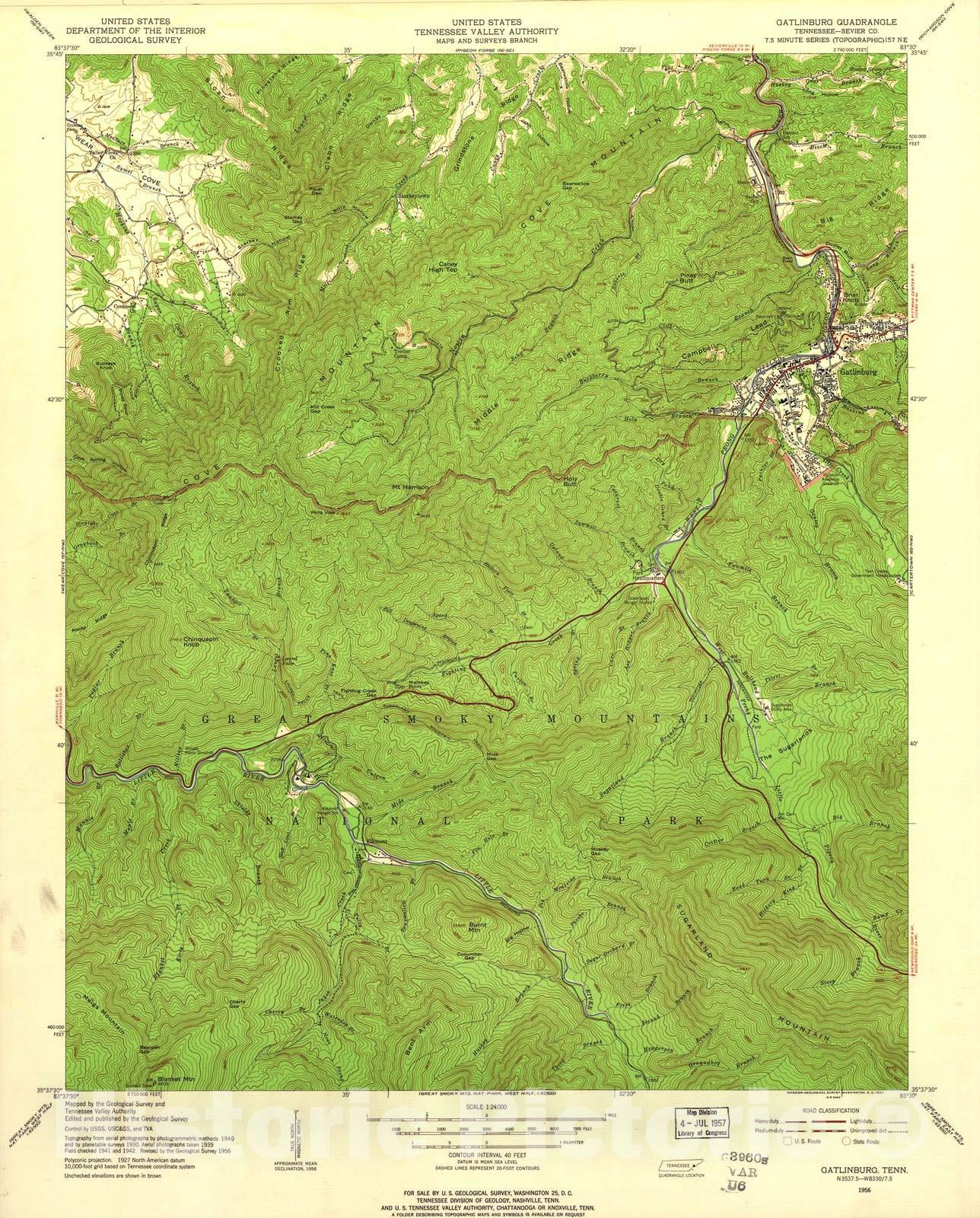 Historic 1935 Map - Tennessee. - Scale 1:24,000 (1956) - Gatlinburg