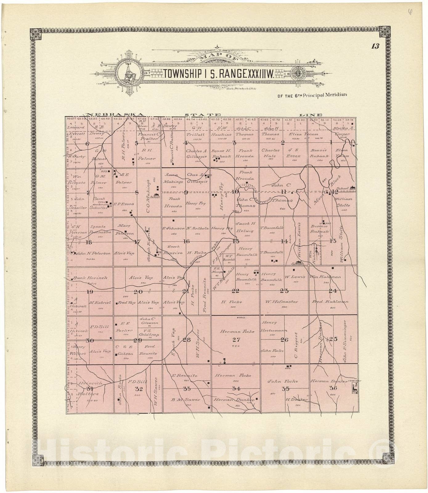 Historic 1906 Map - Standard Atlas of Rawlins County, Kansas - Map of Township 1 S. Range XXXII W.