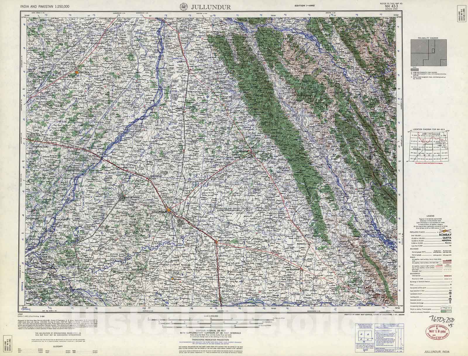 Historic 1955 Map - India and Pakistan 1:250,000. - Jullundur, India 1959