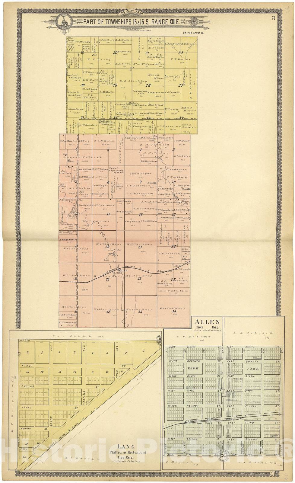 Historic 1901 Map - Standard Atlas of Lyon County, Kansas - Map of Part of Townships 15 & 16 S. Range XIII E.