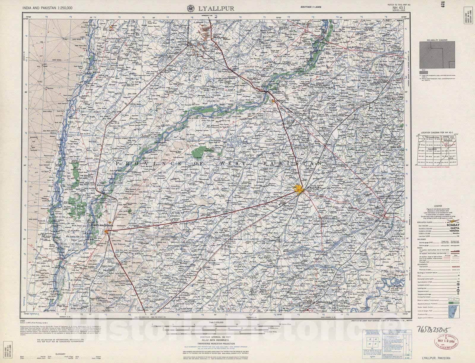 Historic 1955 Map - India and Pakistan 1:250,000. - Lyallpur, Pakistan 1959