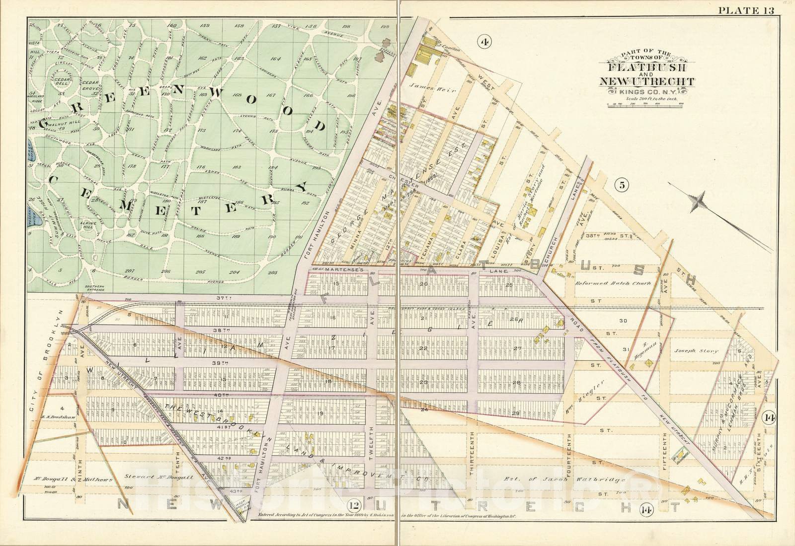 Historic 1890 Map - Robinson's Atlas of Kings County, New York - Plate 13 - Part of The Towns of Flatbush and New Utrecht, Kings Co, N.Y.