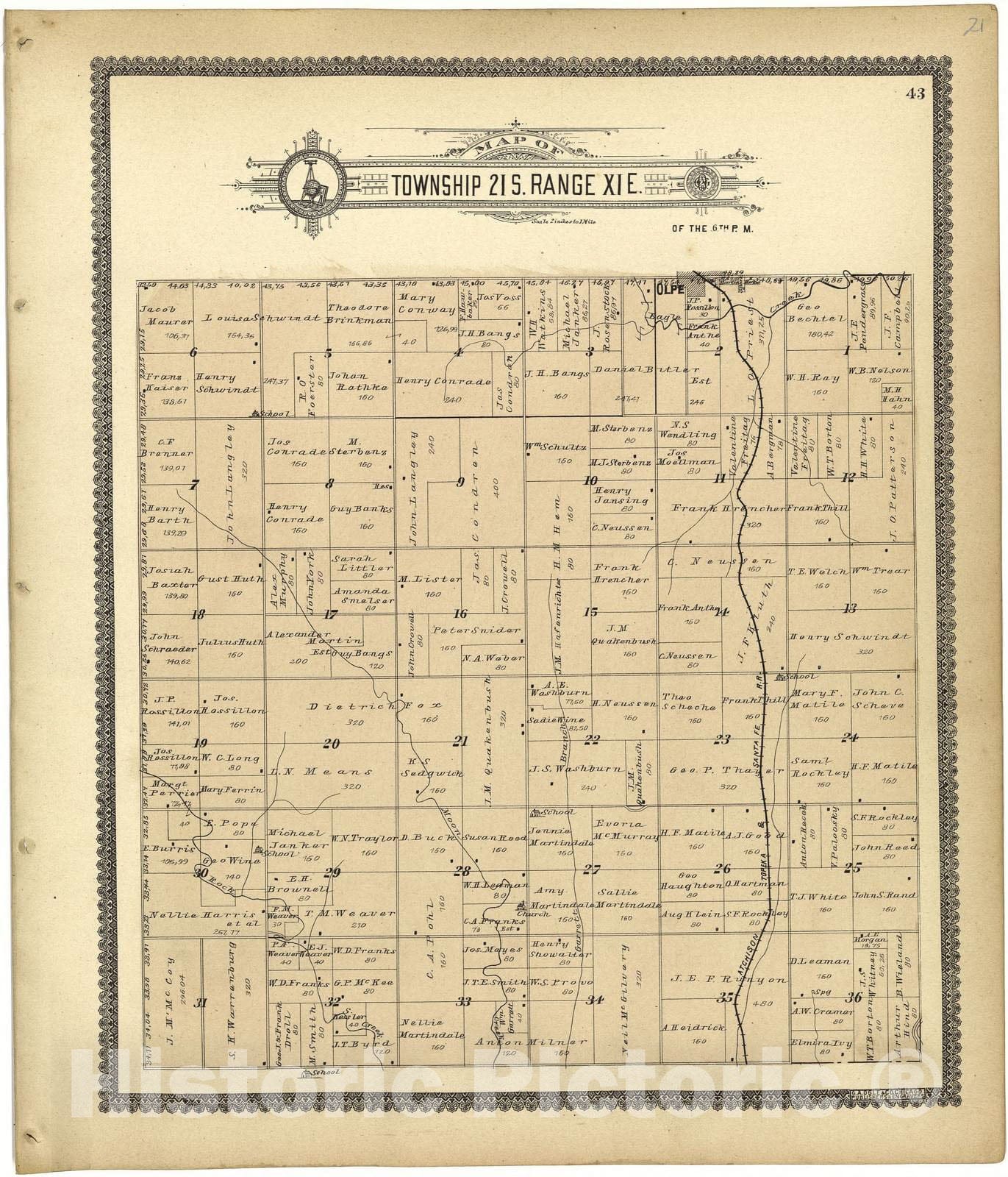 Historic 1901 Map - Standard Atlas of Lyon County, Kansas - Map of Township 21 S. Range X E.
