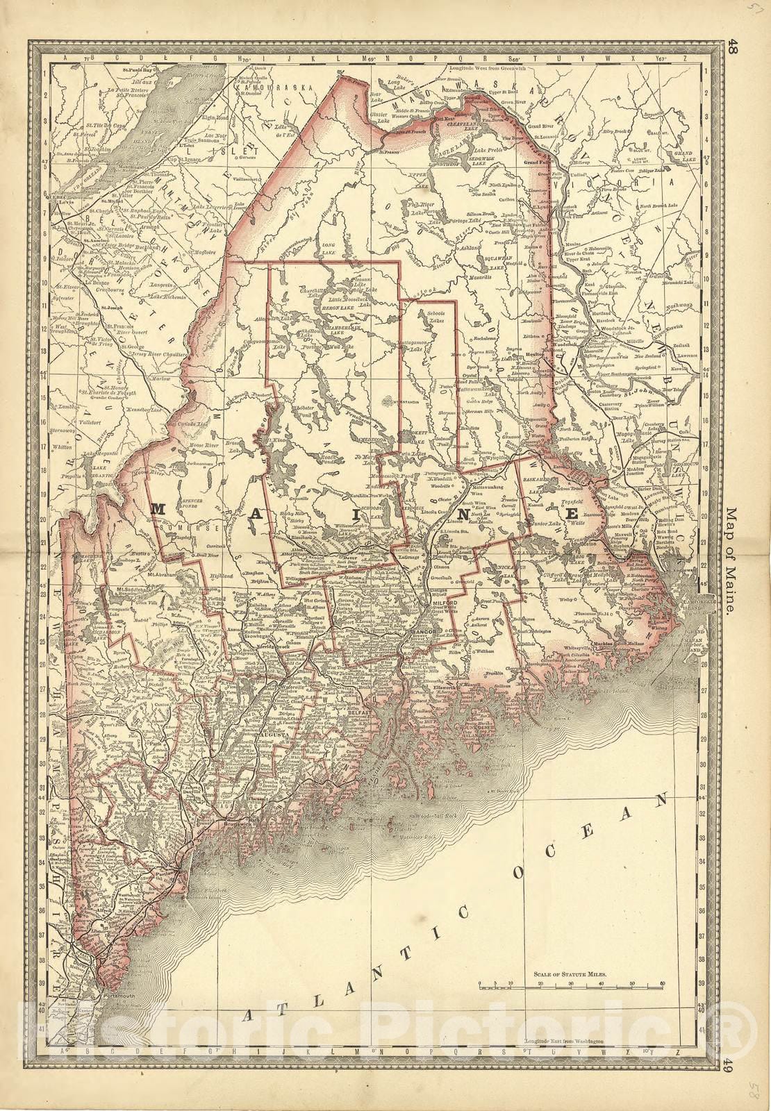 Historic 1881 Map - Historical Hand-Atlas, Illustrated - Map of Maine - Historical Hand Atlas, Illustrated, General & Local