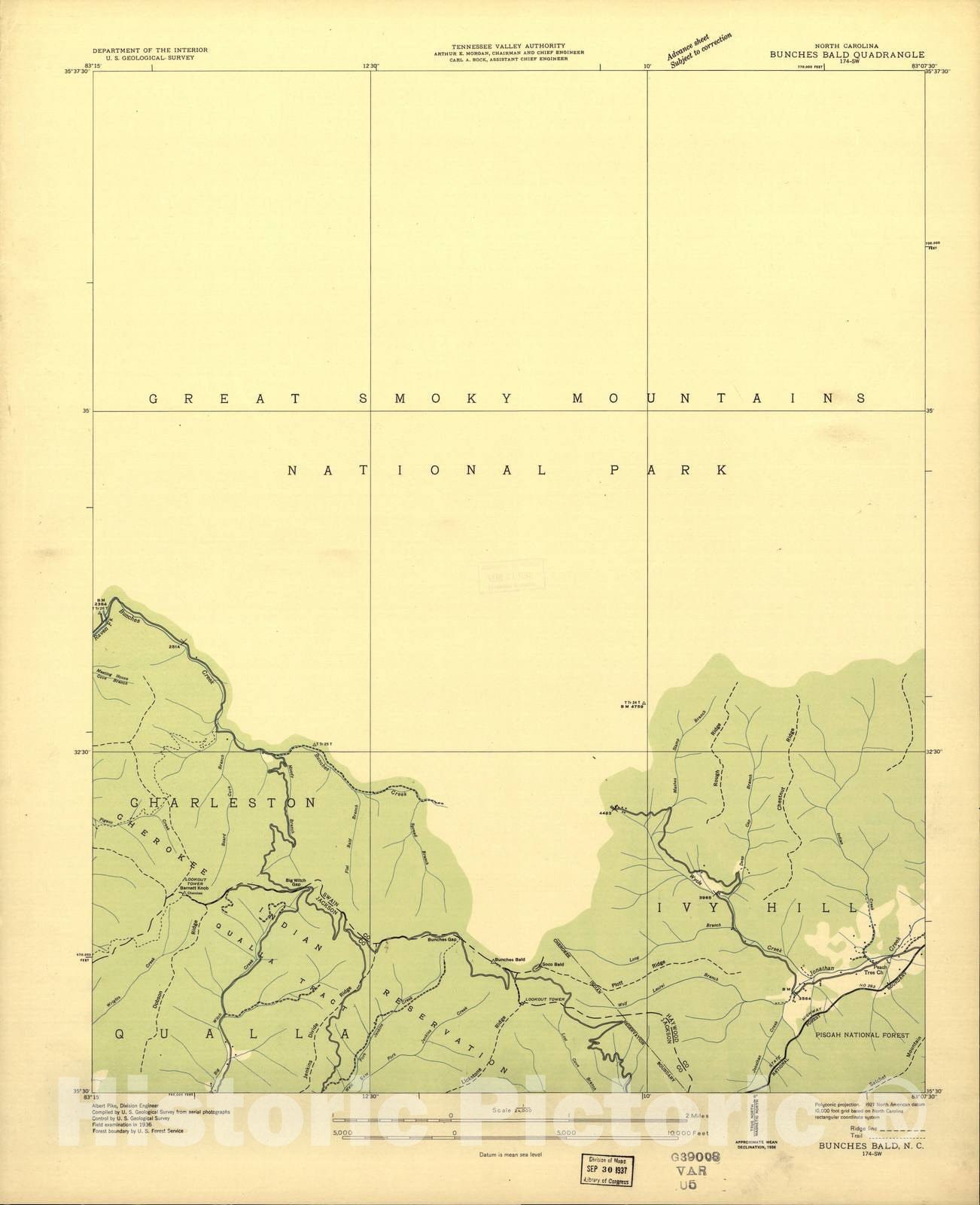 Historic 1935 Map - North Carolina. - Scale 1:24,000 (1936) - Bunches Bald