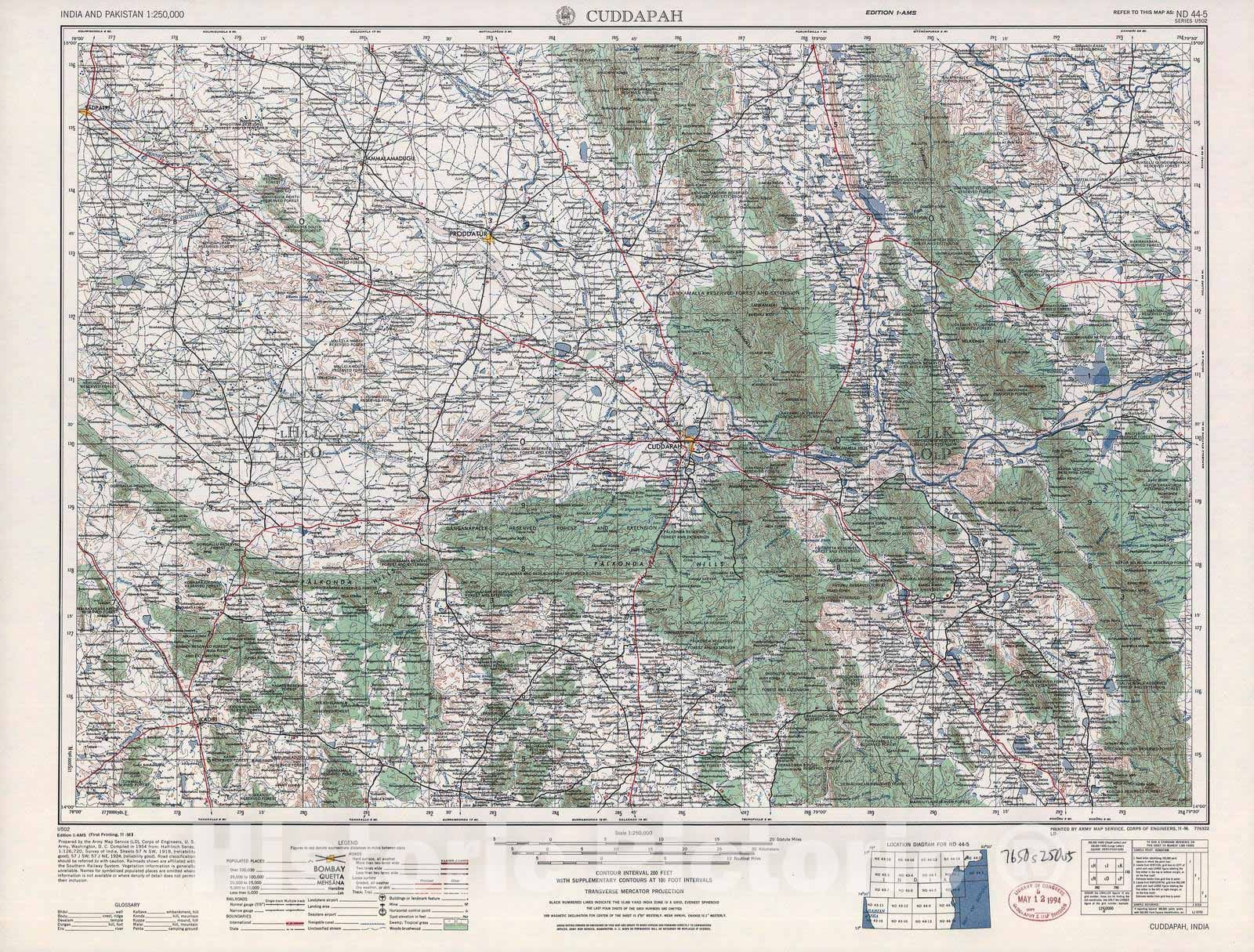 Historic 1955 Map - India and Pakistan 1:250,000. - Cuddapah, 1956