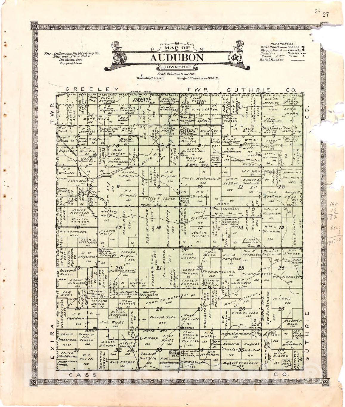 Historic 1921 Map - Atlas of Audubon County, Iowa - Map of Audubon Township