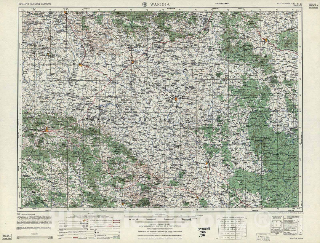 Historic 1955 Map - India and Pakistan 1:250,000. - Wardha, 1957