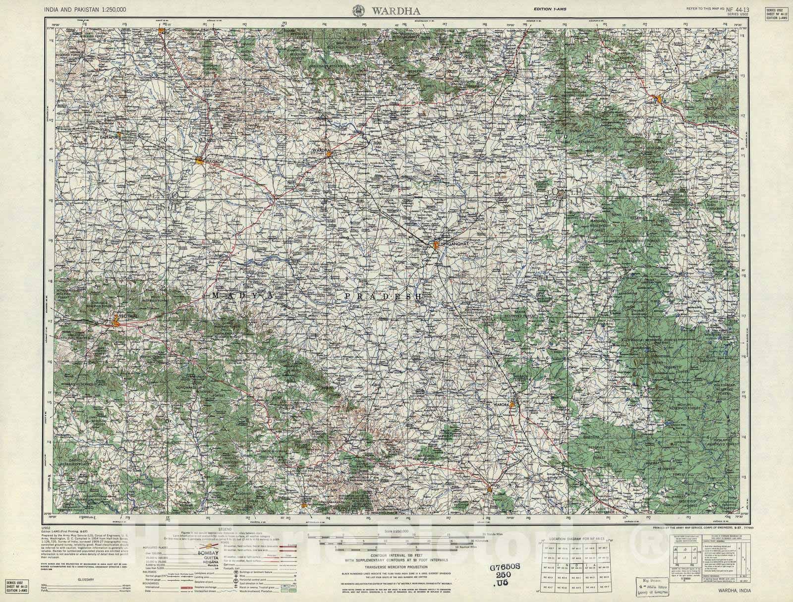Historic 1955 Map - India and Pakistan 1:250,000. - Wardha, 1957