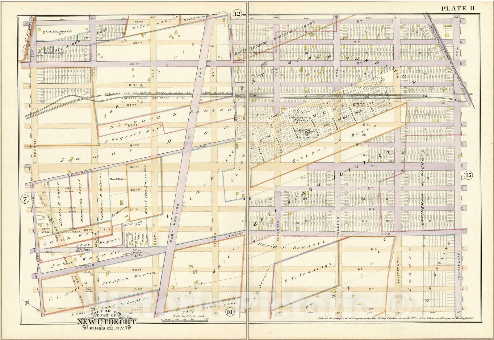 Historic 1890 Map - Robinson's Atlas of Kings County, New York - Plate 11 - Part of The Town of New Utrecht, Kings Co, N.Y.