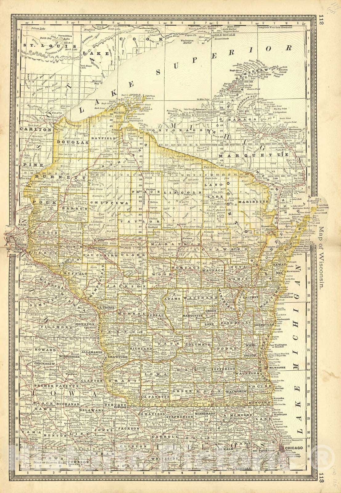 Historic 1881 Map - Historical Hand-Atlas, Illustrated - Map of Wisconsin - Historical Hand Atlas, Illustrated, General & Local