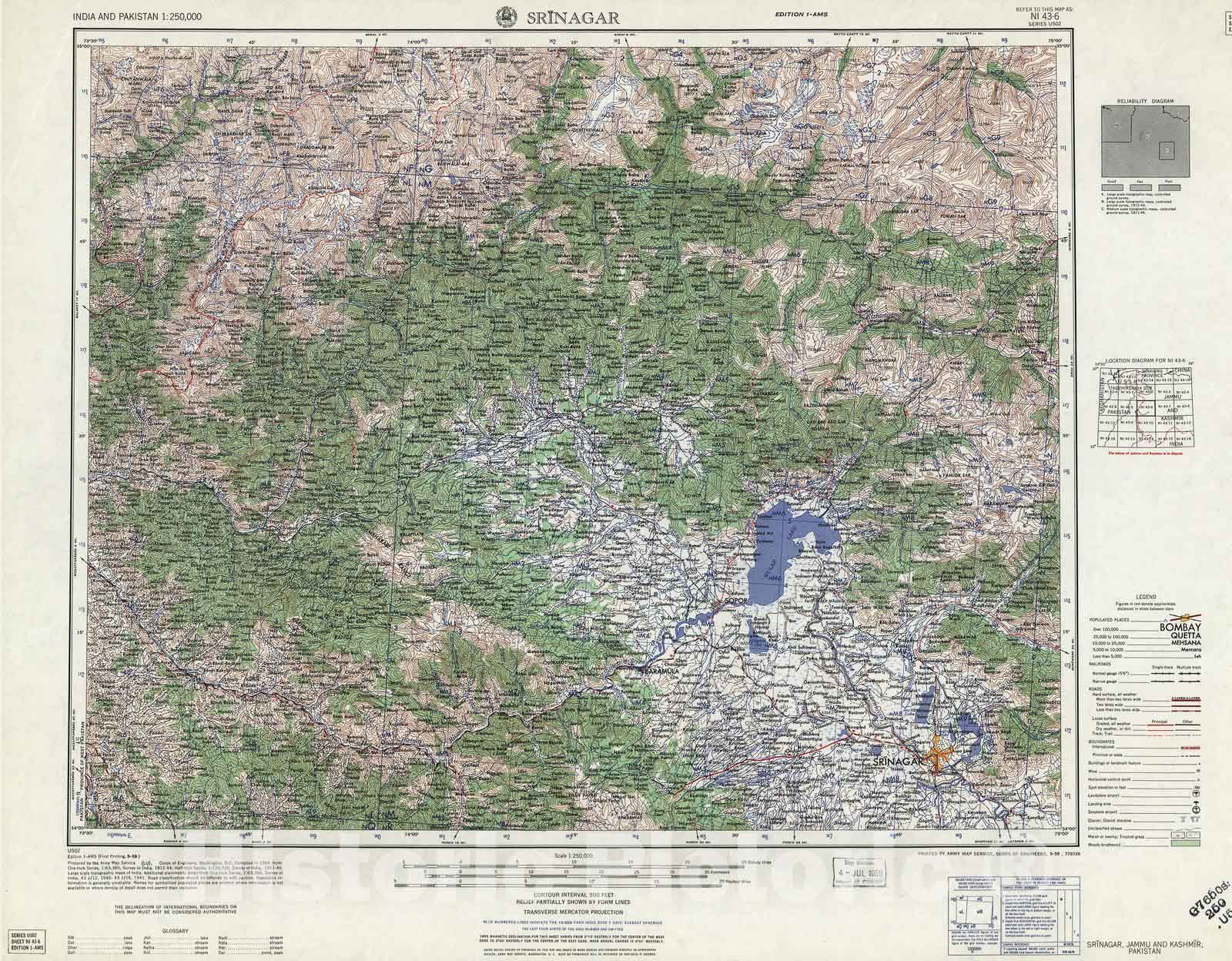 Historic 1955 Map - India and Pakistan 1:250,000. - Srinagar, Jammu and Kashmir, Paksitan 1959