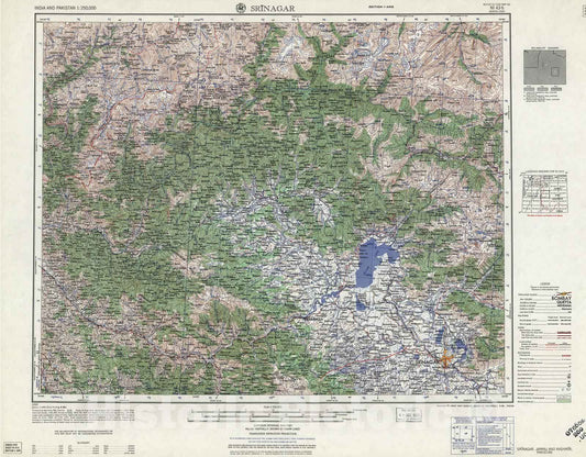 Historic 1955 Map - India and Pakistan 1:250,000. - Srinagar, Jammu and Kashmir, Paksitan 1959