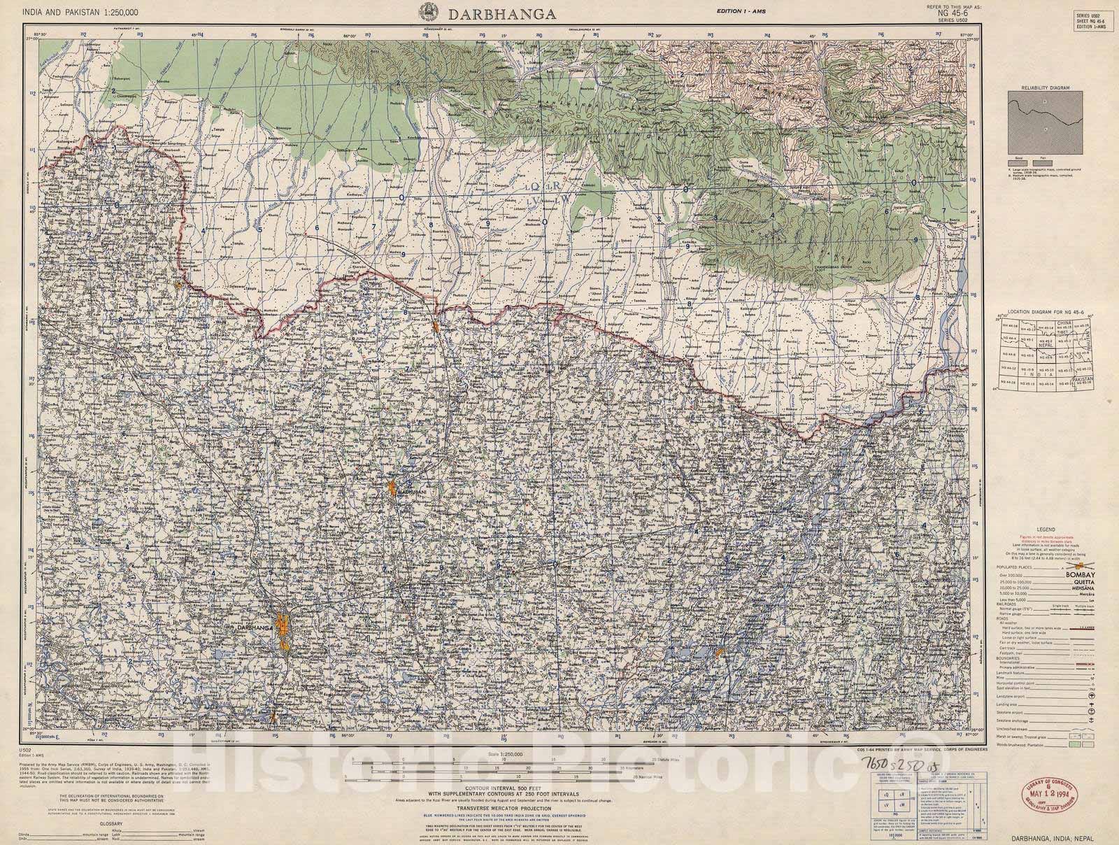 Historic 1955 Map - India and Pakistan 1:250,000. - Darbhanga, India, Nepal,1962