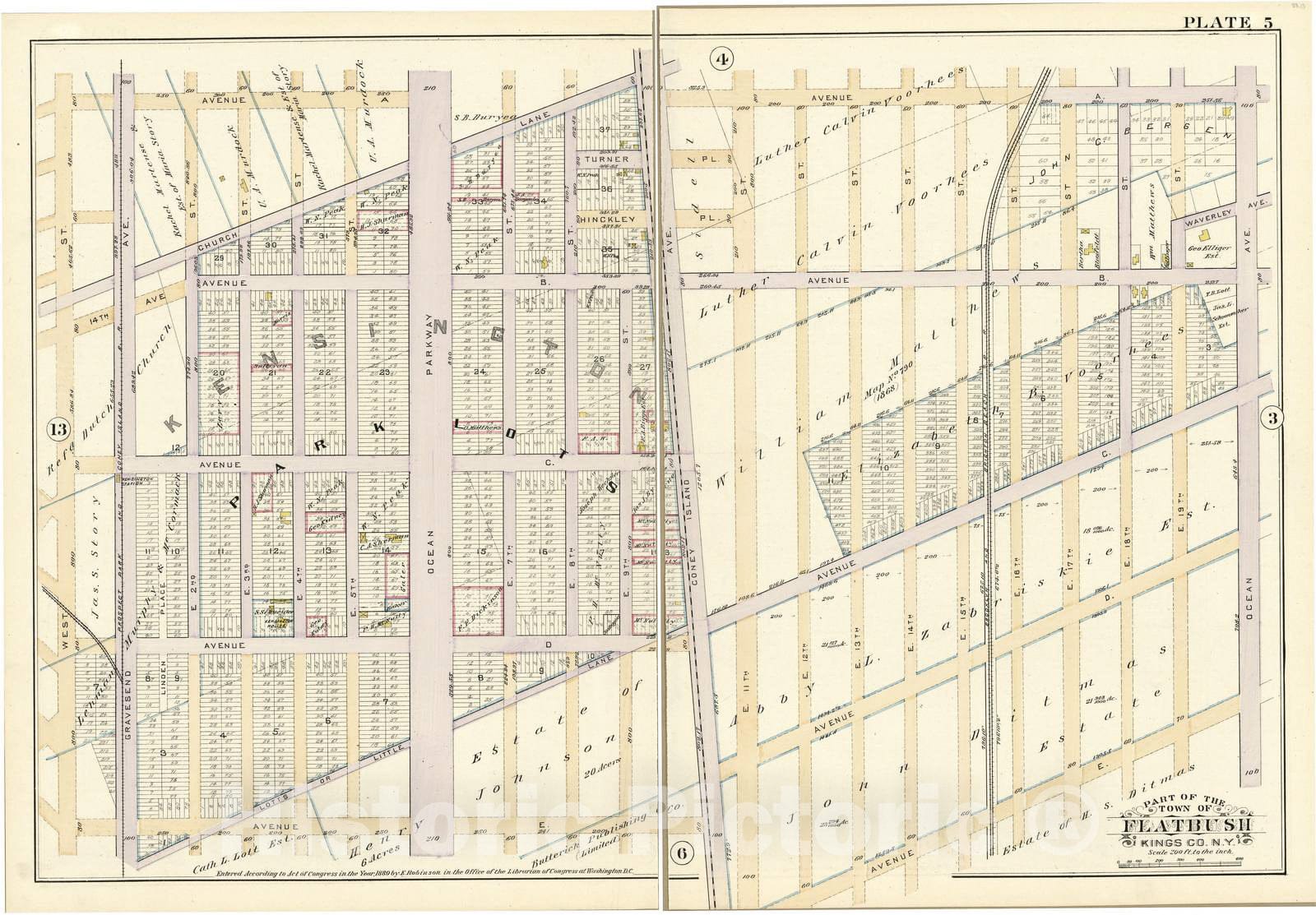 Historic 1890 Map - Robinson's Atlas of Kings County, New York - Plate 5 - Part of The Town of Flatbush Kings Co, N.Y.