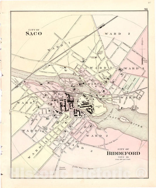 Historic 1887 Map - Colby's Atlas of The State of Maine - City of Saco; City of Biddeford