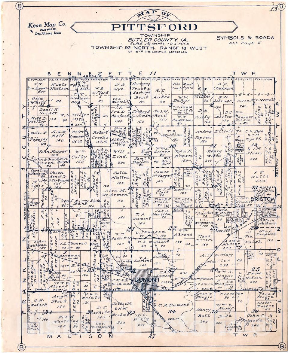 Historic 1930 Map - Atlas of Butler County, Iowa. - Map of Pittsford Township Butler County, Iowa