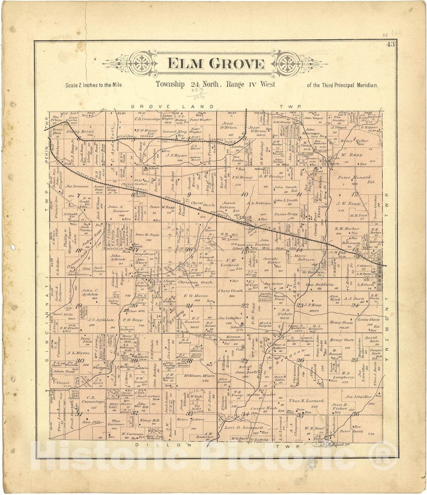 Historic 1891 Map - Plat Book of Tazewell County, Illinois - Elm Grove