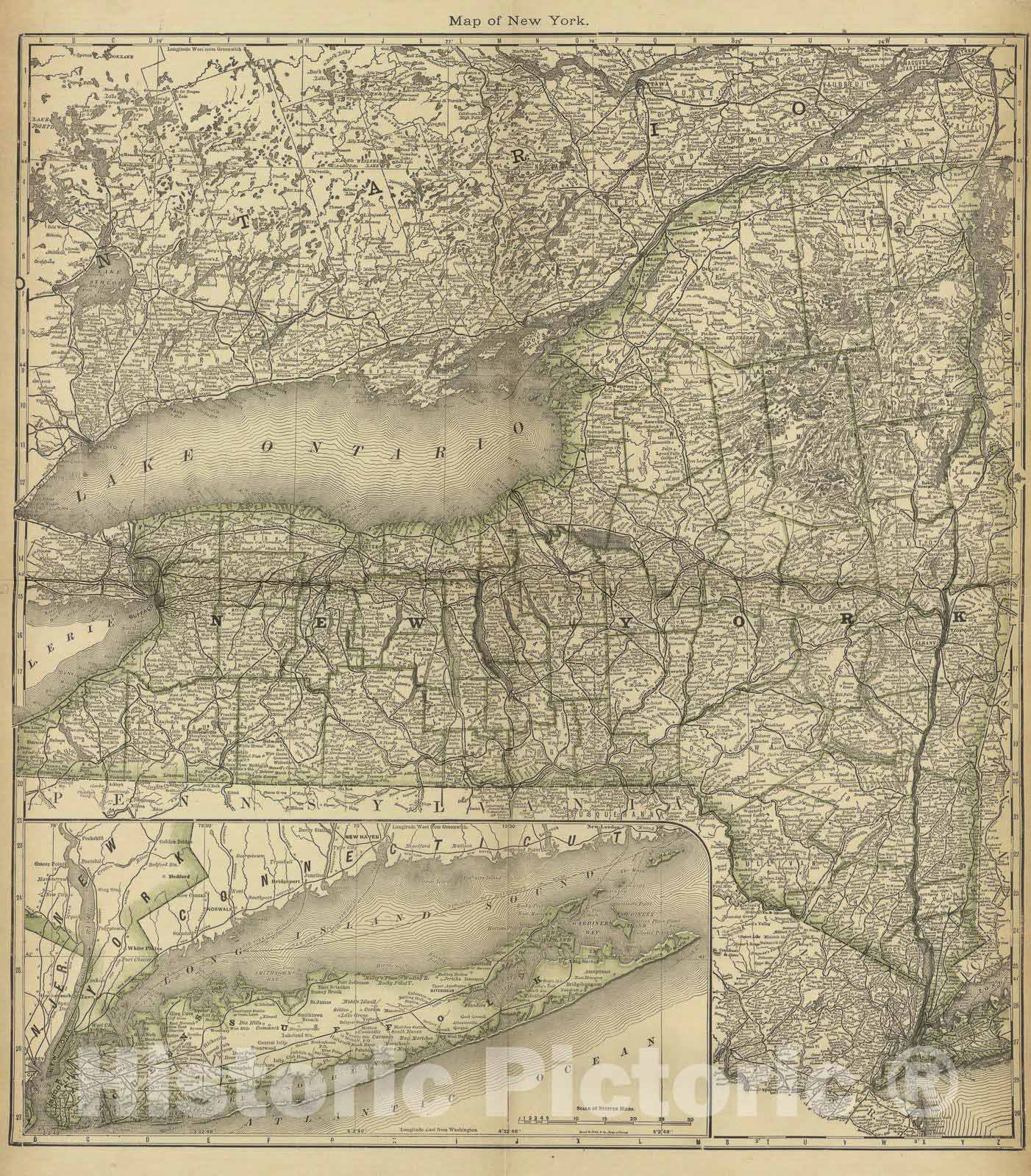 Historic 1882 Map - Historical Hand-Atlas, Illustrated - Map of New York - Historical Hand Atlas, Illustrated, General & Local