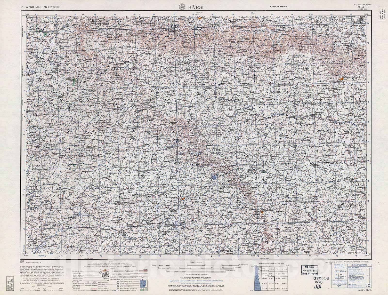 Historic 1955 Map - India and Pakistan 1:250,000. - Barsi, India 1960