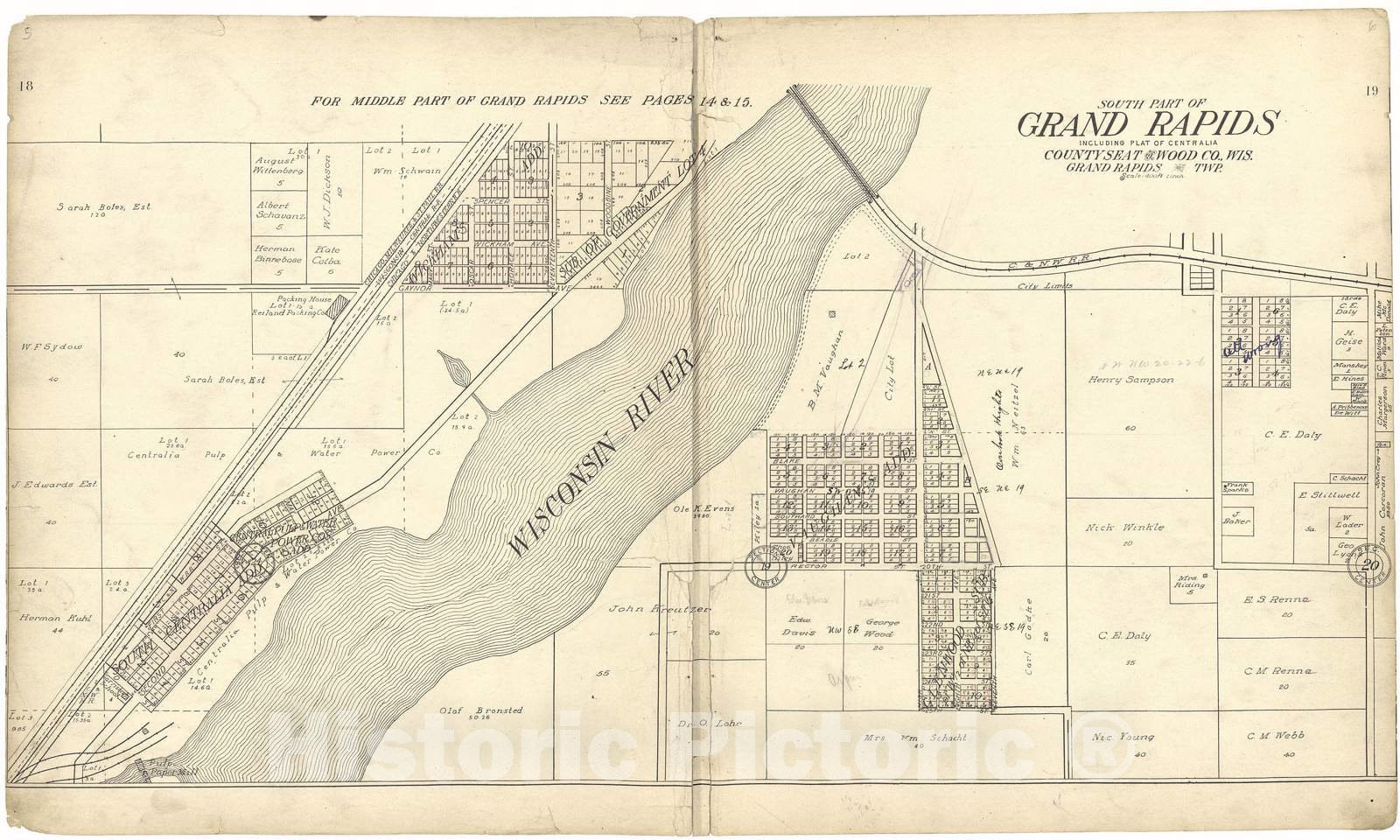 Historic 1909 Map - Standard Atlas of Wood County, Wisconsin - South Part of Grand Rapids