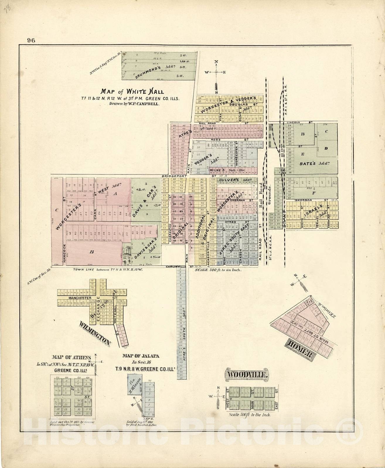 Historic 1873 Map - Atlas map of Greene County, Illinois - Map of White Hall
