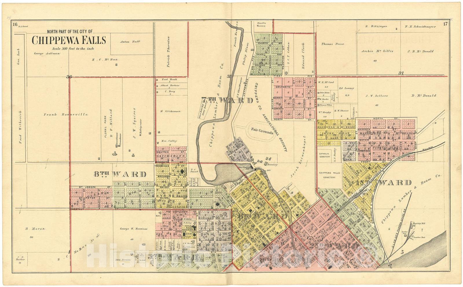 Historic 1888 Map - Plat Book of Chippewa County, Wisconsin - North Part of The City of Chippewa Falls