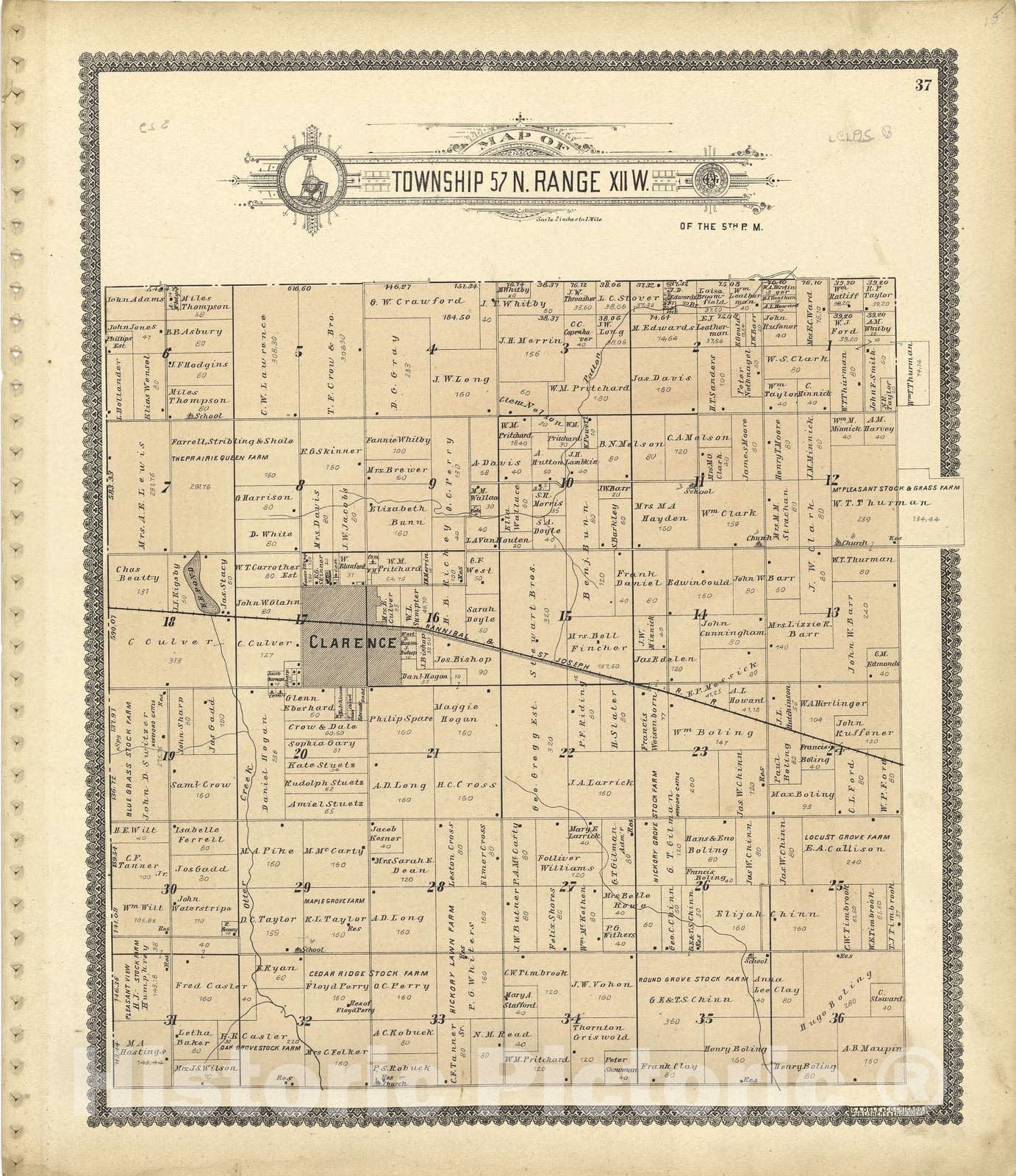 Historic 1902 Map - Standard Atlas of Shelby County, Missouri - Map of Township 57 N. Range XII W.