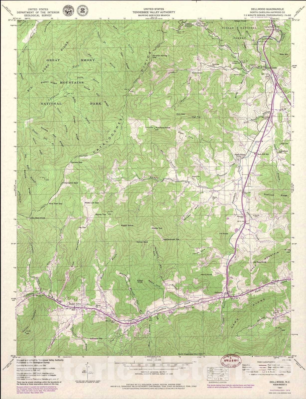 Historic 1935 Map - North Carolina. - Scale 1:24,000 (1979) - Dellwood