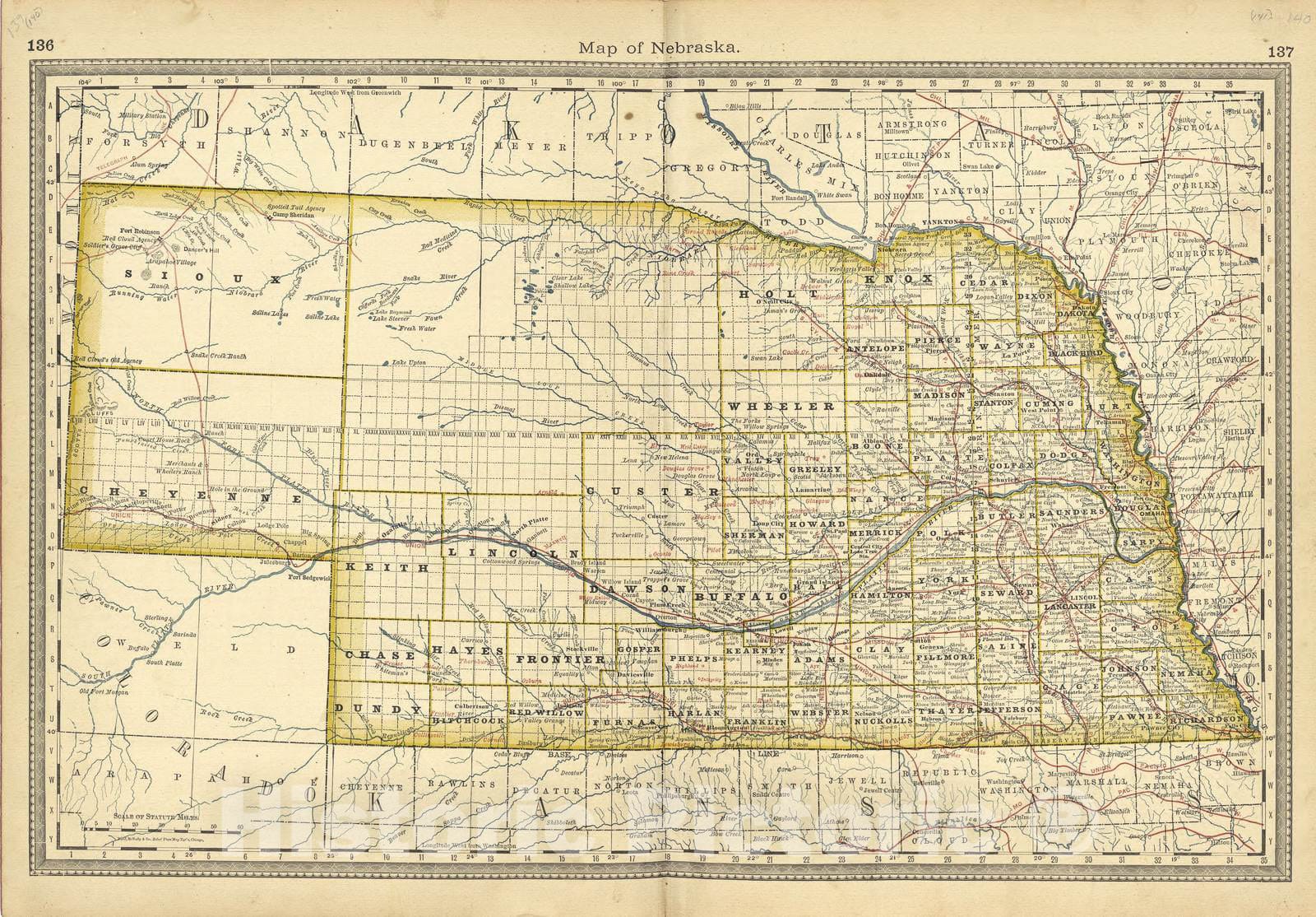 Historic 1881 Map - Historical Hand-Atlas, Illustrated - Map of Nebraska - Historical Hand Atlas, Illustrated, General & Local