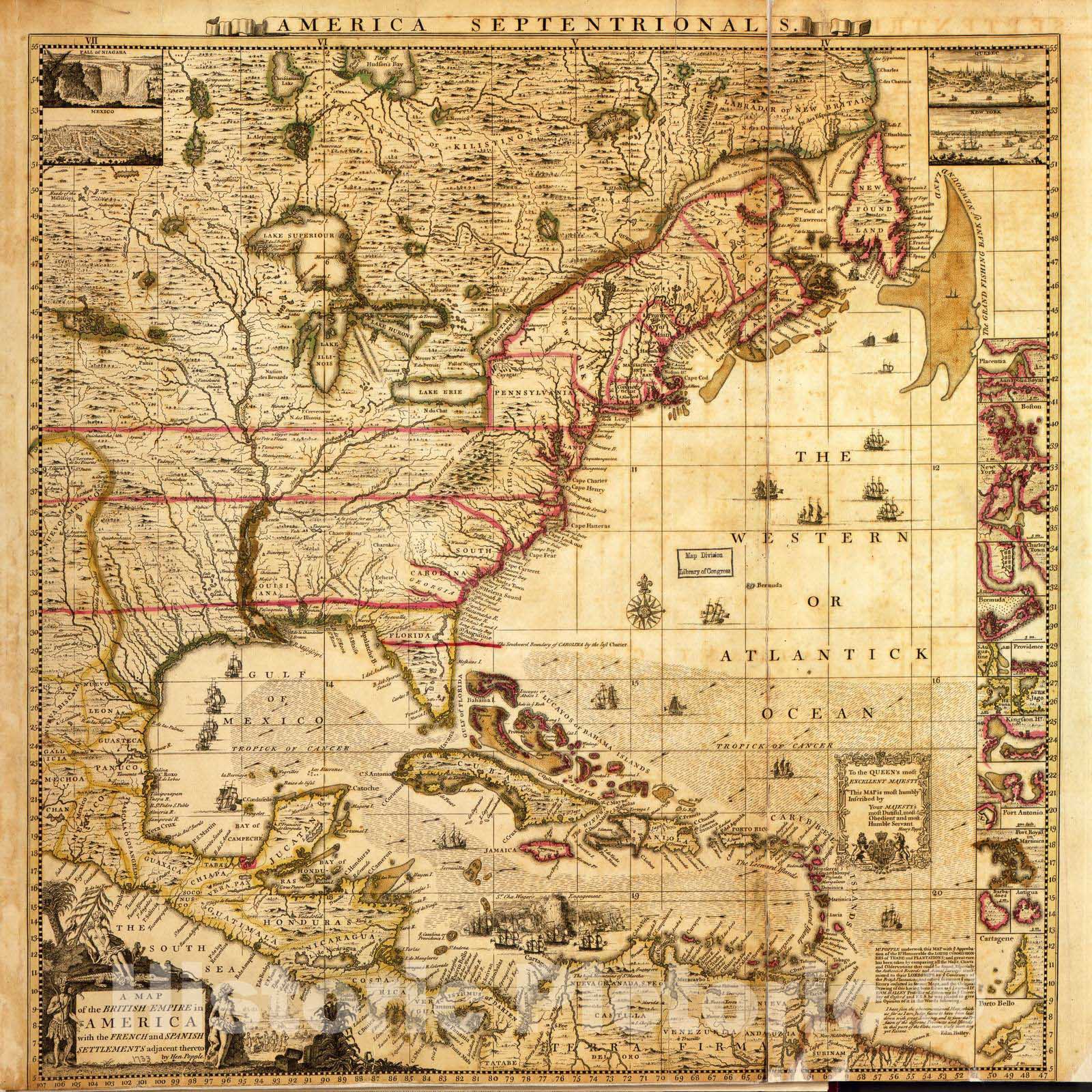 Historic 1733 Map - A map of The British Empire in America with The French and Spanish settlements Adjacent thereto