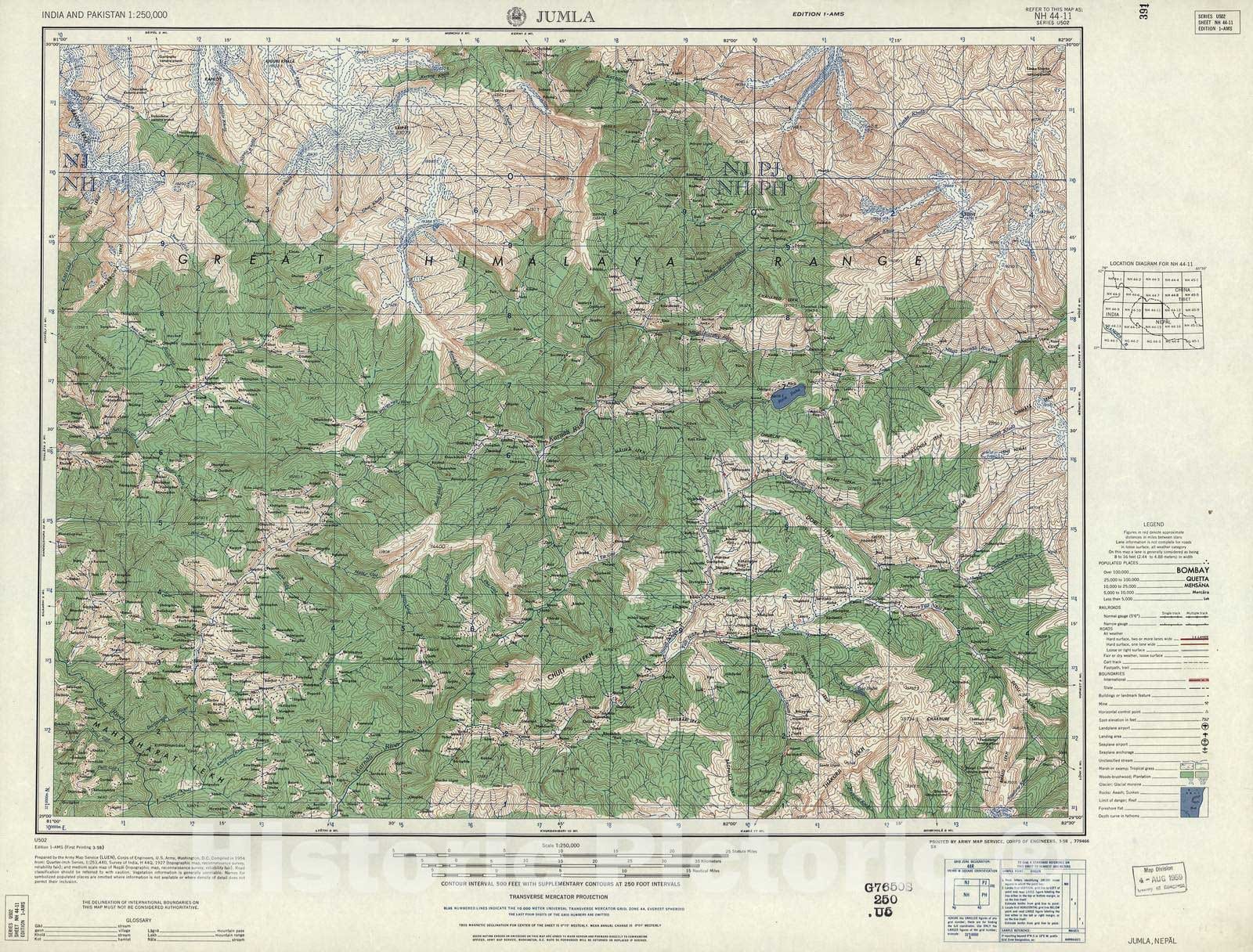 Historic 1955 Map - India and Pakistan 1:250,000. - Jumla, Nepal 1958