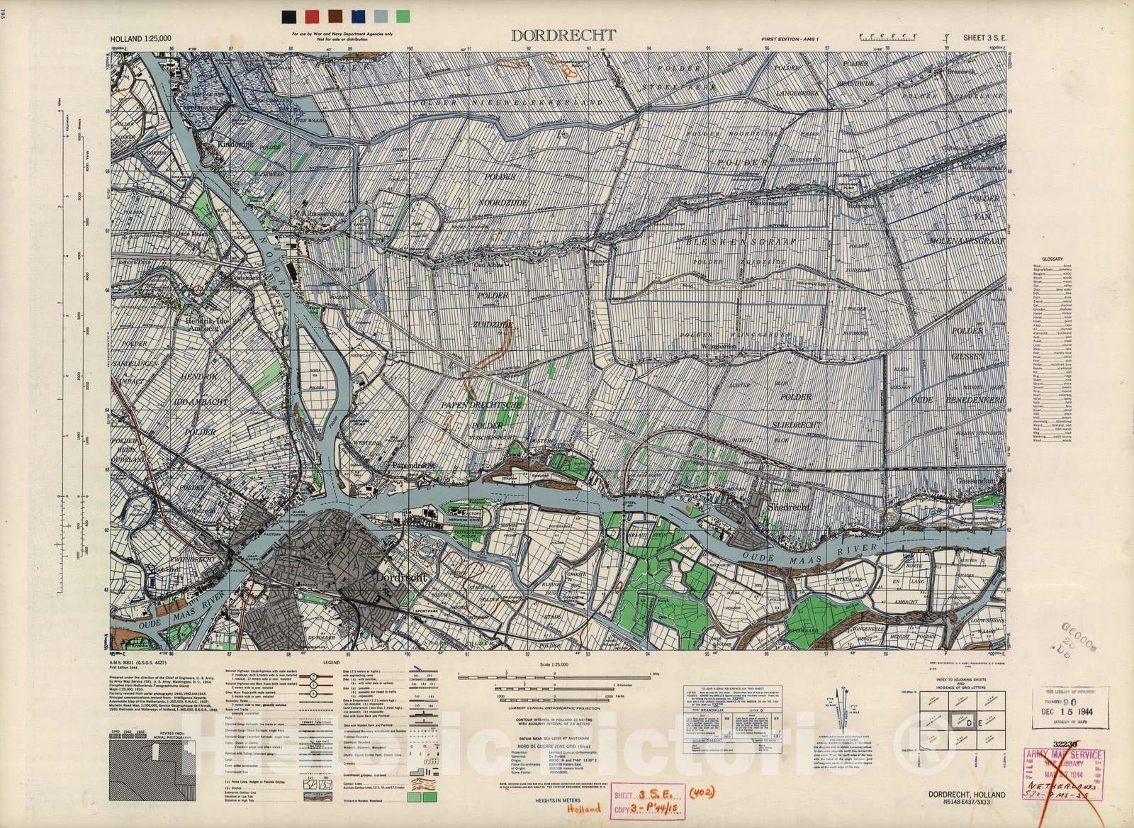Historic 1943 Map - Holland 1:25,000 - Dordrecht, Holland - A.M.S. M831