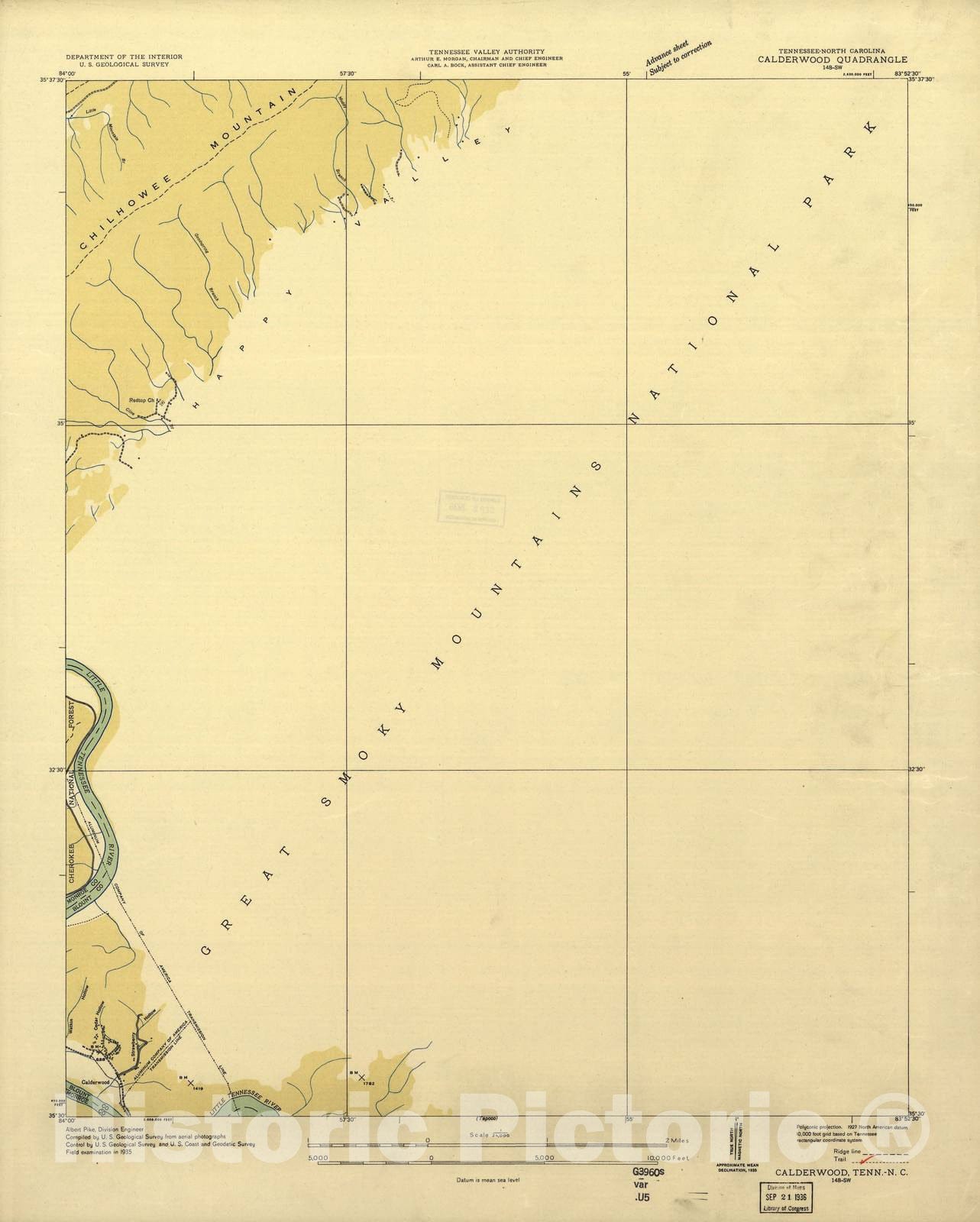 Historic 1935 Map - Tennessee. - Scale 1:24,000 (1935) - Calderwood