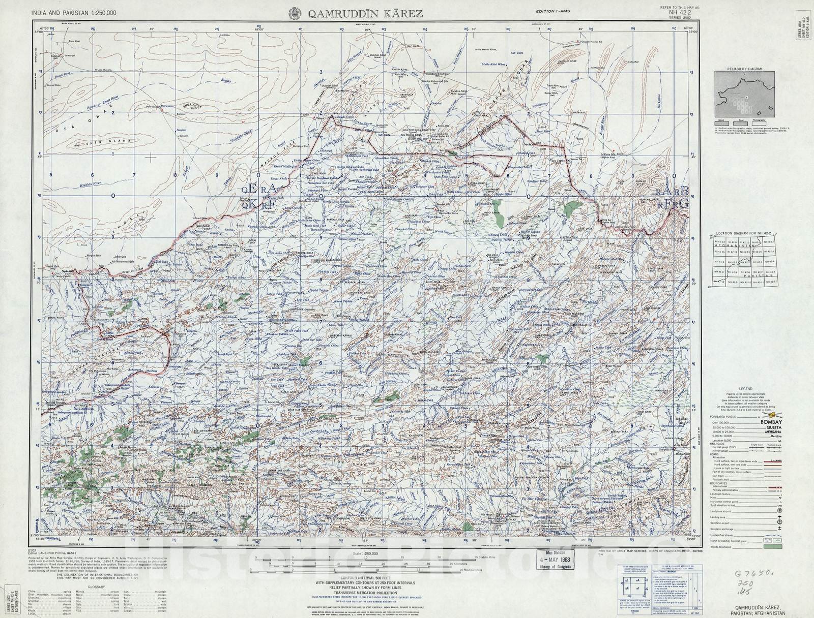 Historic 1955 Map - India and Pakistan 1:250,000. - Qamruddin Karez, Pakistan, Afghanistan 1959