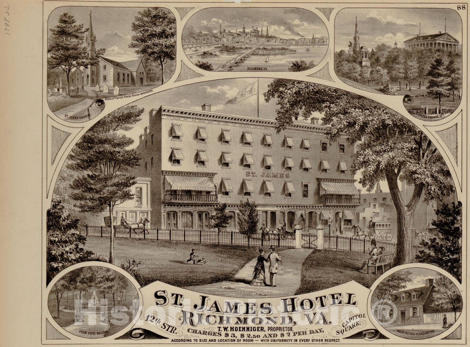 Historic 1877 Map - Illustrated Atlas of The City of Richmond, Va. - St. James Hotel
