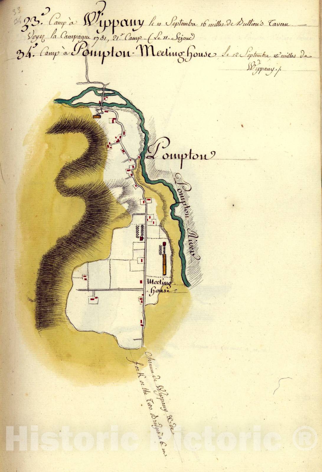 Historic 1782 Map - AmÃ©rique campagne. - Camp a Wippany Camp a Pompton Meeting-House