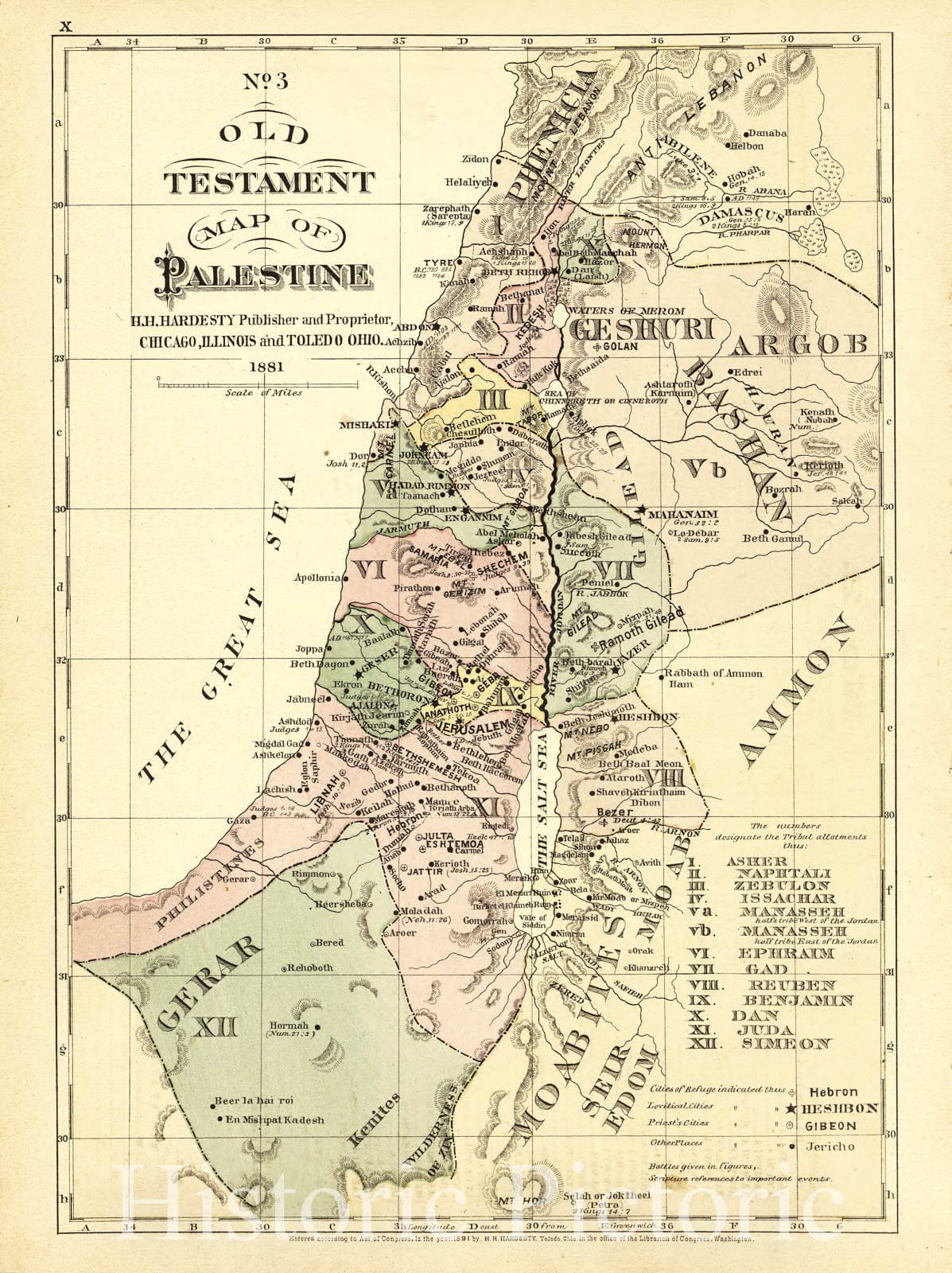 Historic 1881 Map - Historical Hand-Atlas, Illustrated - No. 3 Old Testament map of Palestine - Historical Hand Atlas, Illustrated, General & Local