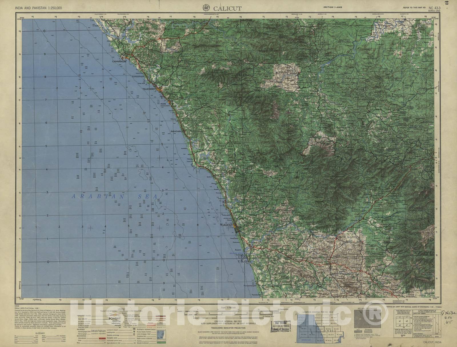 Historic 1955 Map - India and Pakistan 1:250,000. - Calicut, 1955
