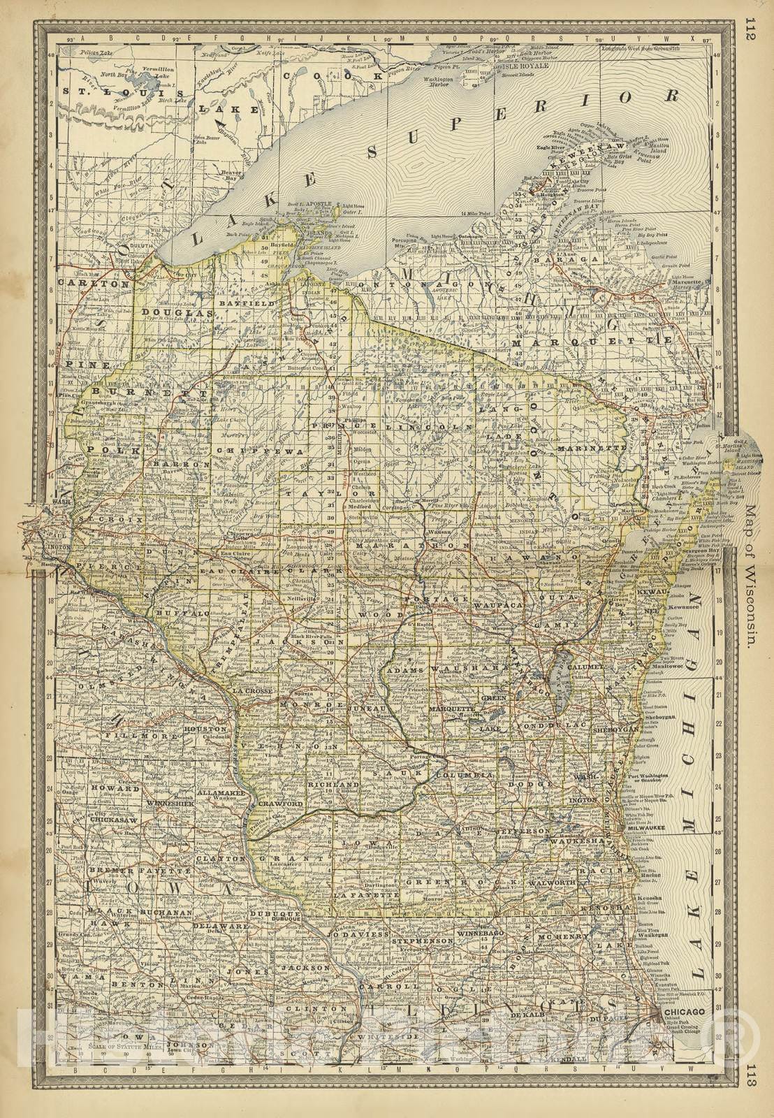 Historic 1882 Map - Historical Hand-Atlas, Illustrated - Map of Wisconsin - Historical Hand Atlas, Illustrated, General & Local