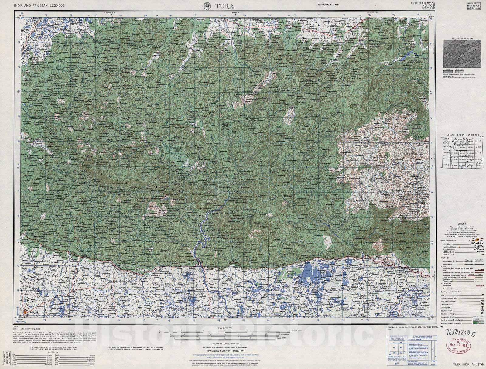 Historic 1955 Map - India and Pakistan 1:250,000. - Tura, India, Pakistan 1959